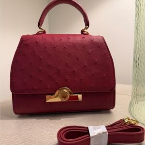 *NEW* Red Ostrich Style Leather Flap Handbag, Gold Hardware With Long Strap